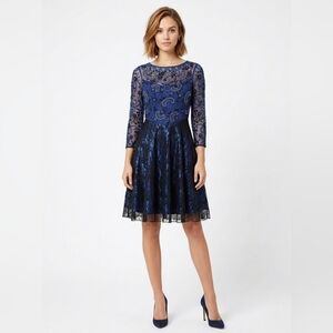 NEW Sue Wong Blue Beaded Lace Cocktail Dress Size 4/6